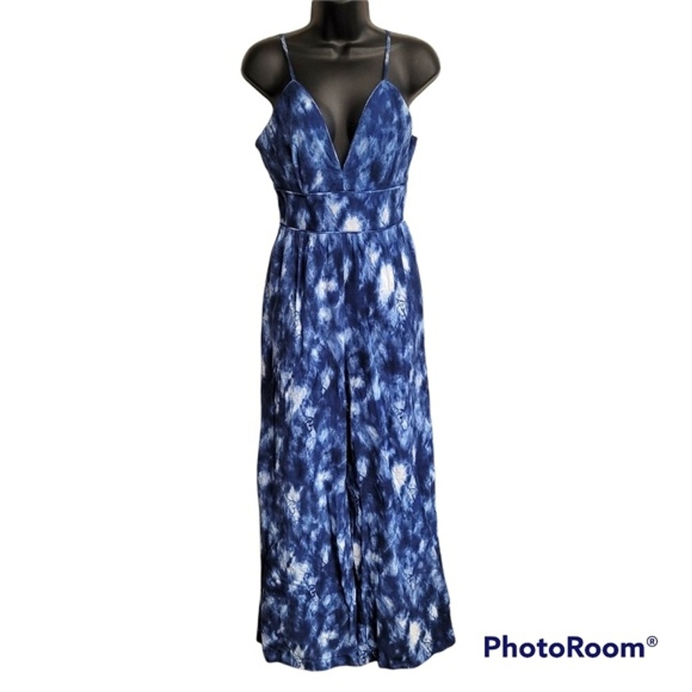 INC Blue And White Tie Dye Wide Leg V-neckline‎ Jumpsuit Womens XS